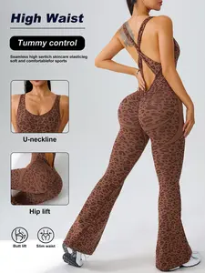 Women's Leopard Print, Seamless Knitted Sexy Butt-Lifting Fitness Overall, Workout Jumpsuit, Sporty Comfy Jumpsuit, Outerwear, Fashionable and Comfortable
