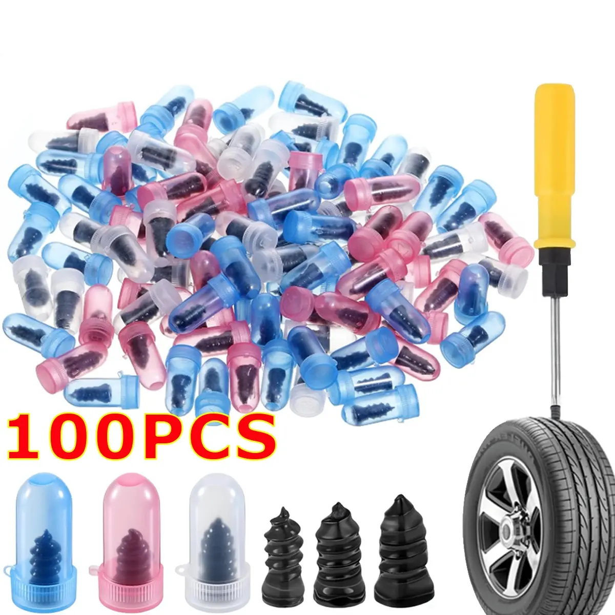 100 Pcs Tire Repair Rubber Nails, Tire Repair Screws, Vacuum Tire Repair Nails, Tire Screws, Plugs (3 Sizes) with Screwdriver Self-Service Tire Screw Plug Repair Kit Fast Tool for Tire Puncture Repair Father'sDayGifts