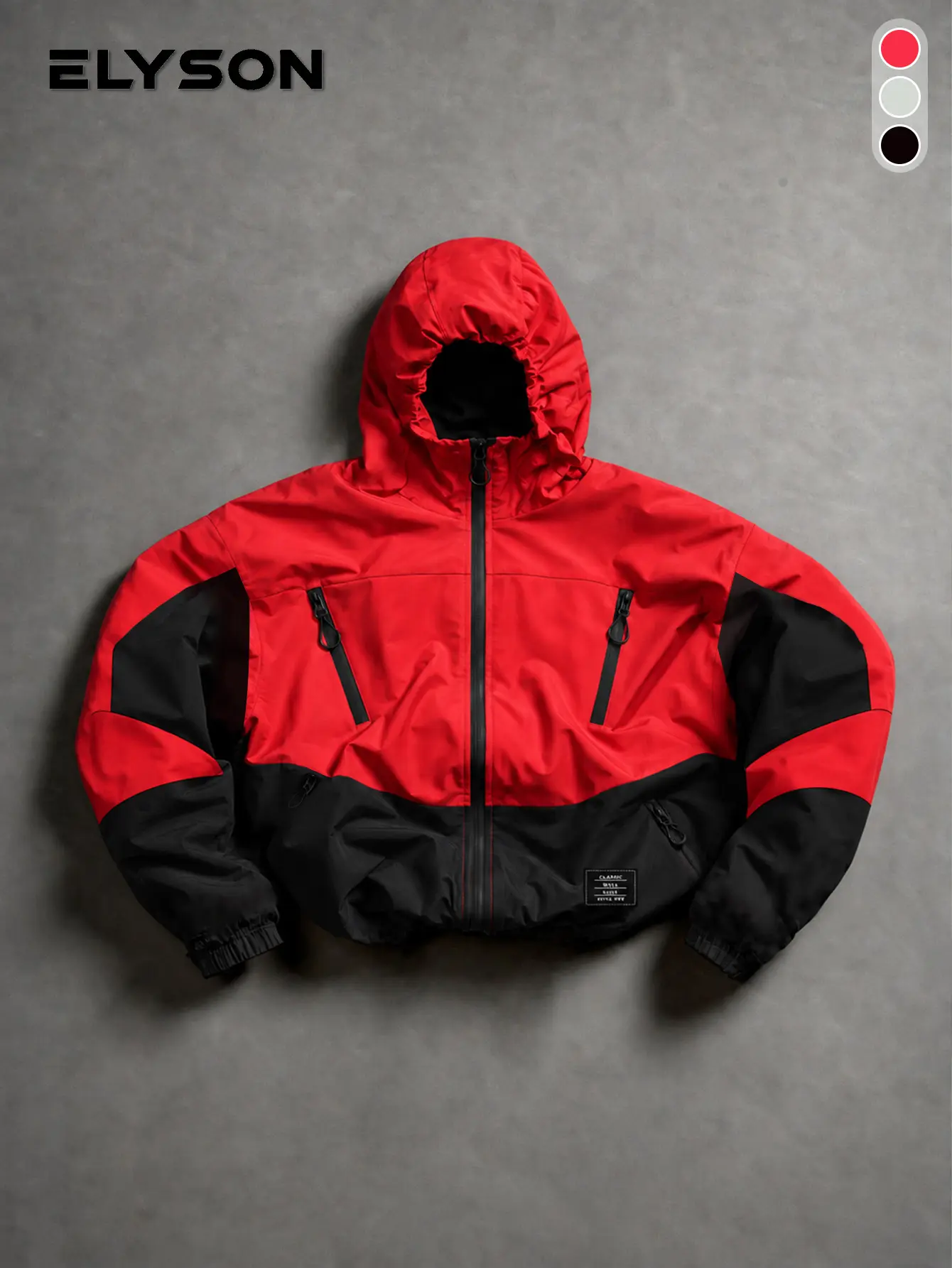 Men’s red and black color-block hooded hardshell jacket, men’s outdoor windproof multi-pocket zip-up outerwear, men’s contrasting color-block hooded mountaineering jacket