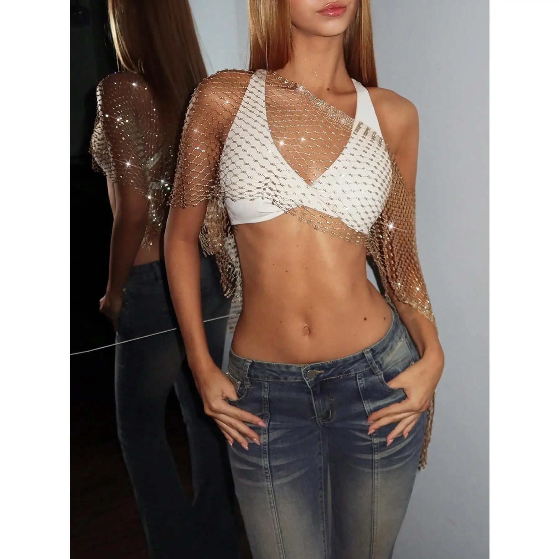 DealsForYouDays Women's Rhinestone Fishnet Cropped Top, Suitable For Holiday Party, Rave Outfits