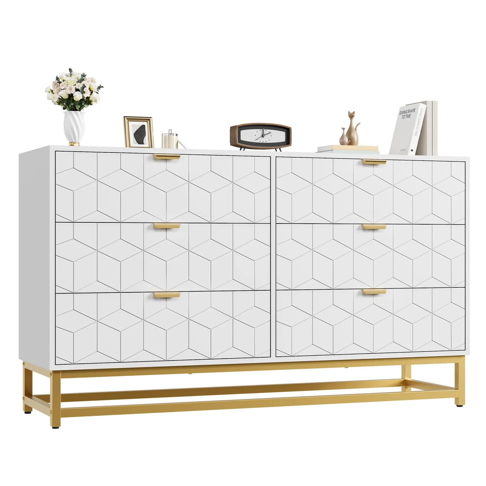 Garvee White 6-Drawer Engineered Wood Bedroom Dresser - 53.5” Large Storage Organizer with Artful Metal Legs, Easy Setup Modern Furniture (Carved Panels Included) | Dresser for Bedroom with Drawers, Artful Legs Add Modern Room Charm, Drawer Cabinet