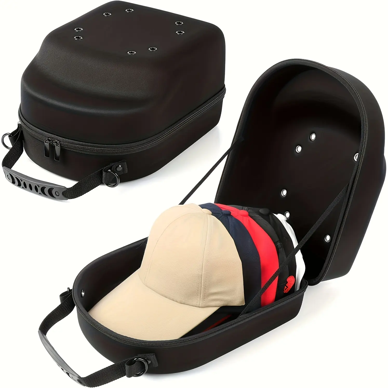 Black EVA Hard Shell Hat Case for Travel, Crush-Proof Cap Organizer with Fabric Cover, Carry Handle & Dual Zipper, Travel Use, With Handle, Hard Cover, Eva Shell, Baseball Cap Organizer, Portable, Travel Organizer Sports Shoe Bags