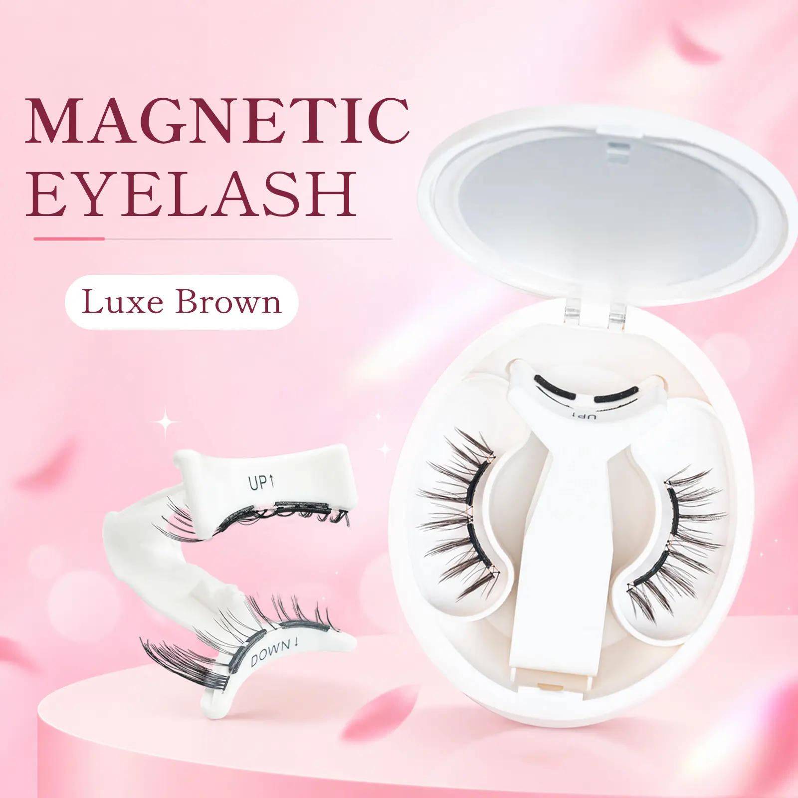 Luxe Soft Brown Magnetic Eyelashes with Applicator & Cosmetic Storage Kit, Reusable Waterproof Fluffy Lashes for Beginners, Glue-Free Daily Makeup Natural Look Eyelashes No Eyeliner Needed