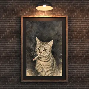 Smoking Cat Wall Art Print, Vintage-like Watercolor Cat Poster, Funny Dark Humor Cat Artwork, Unique Gift for Cat Lovers