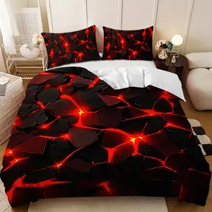 Bedding 3-piece set - 3PCS,Red and black crackle luminous pattern down comforter set (1 comforter cover + 2 pillowcases, filling not included). soft and comfortable, suitable for family bedrooms.