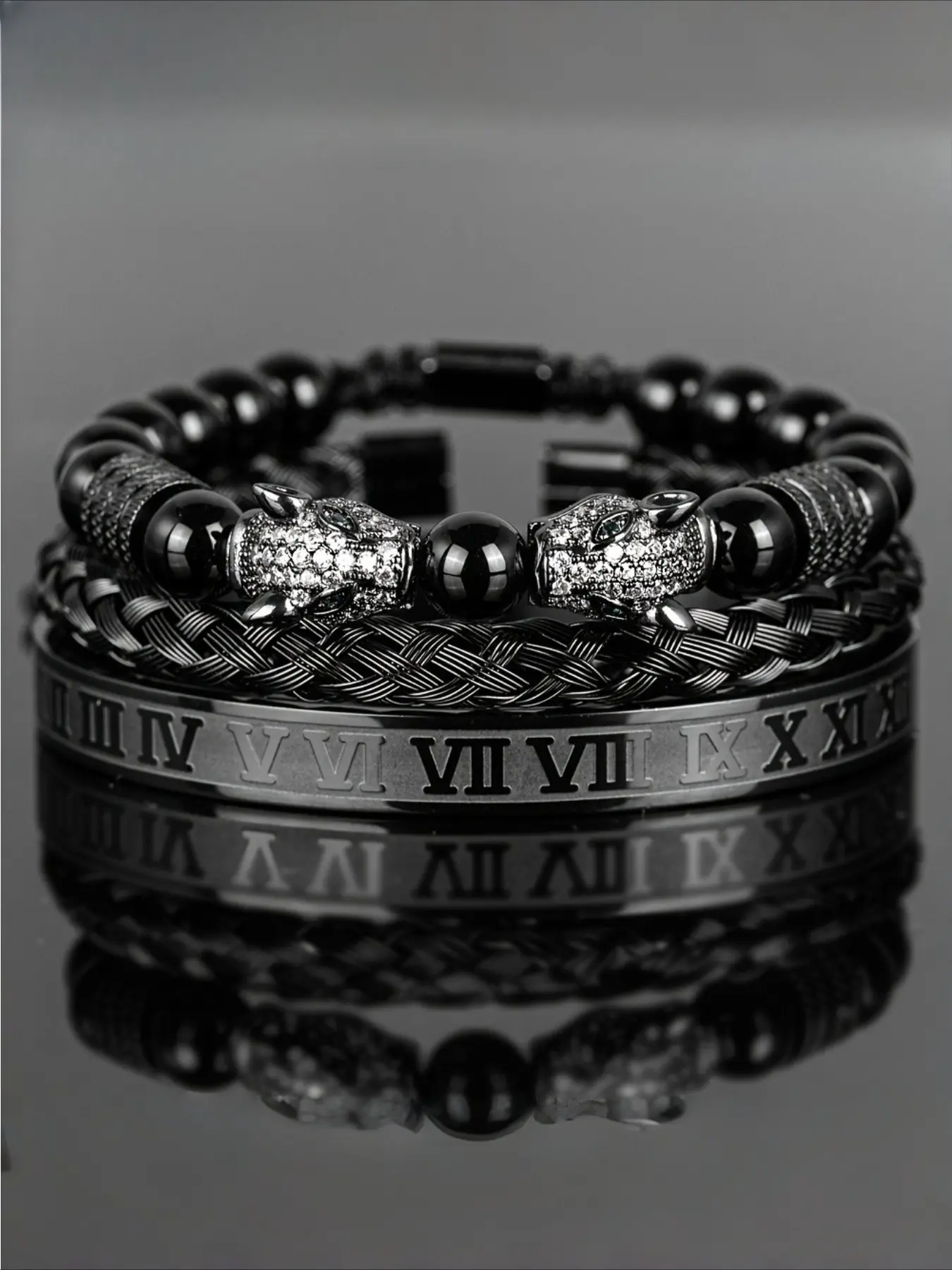 [Men's Beaded Bracelet Set] Shiny Black Beaded Stainless Steel Wrist Bracelet Set Fashion Matching Bracelet | Double Leopard Head with Roman Numerals | Men's Retro European Style Bangles Bracelets Set