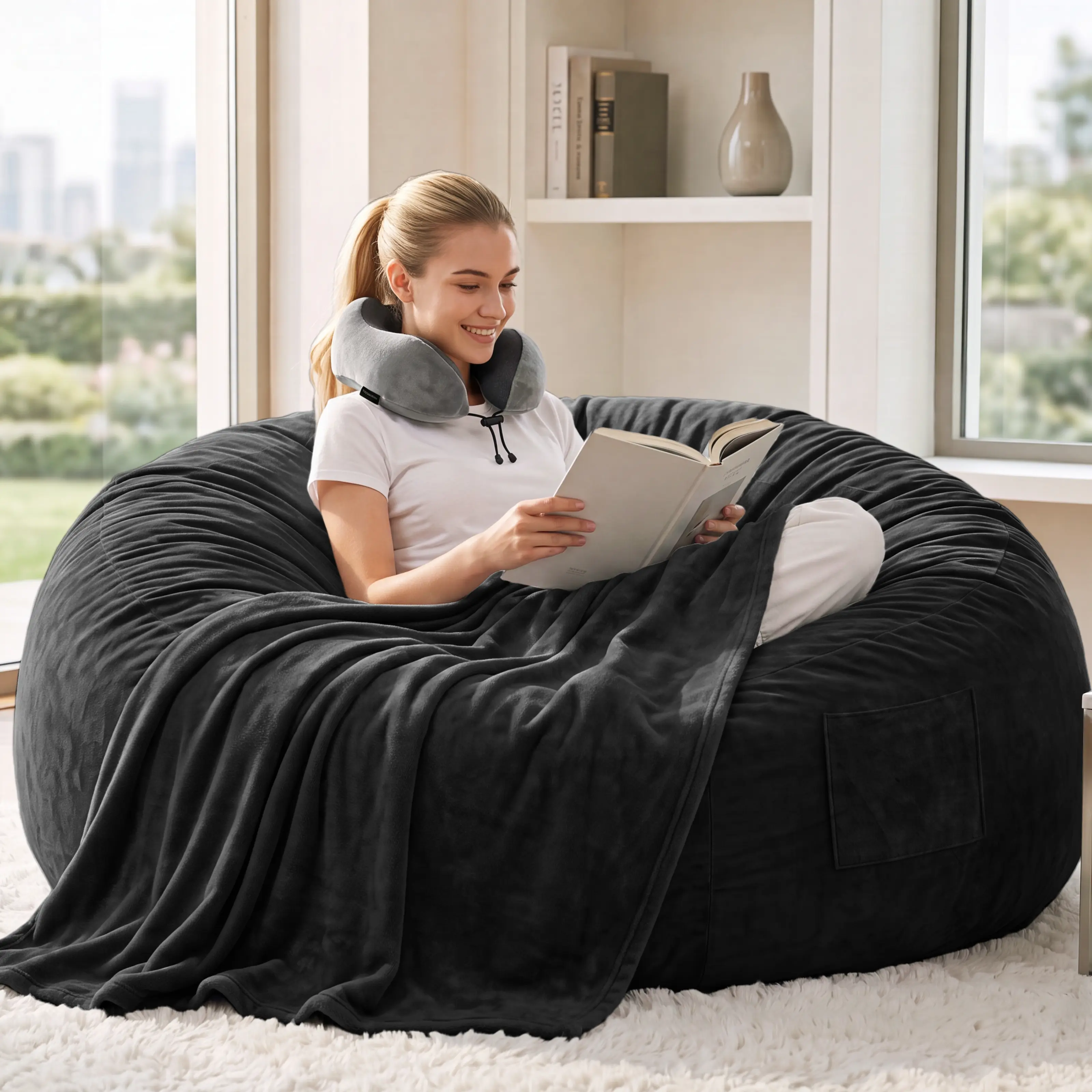 Oversized Jumbo with Gifts(Blanet Pillow,Travel Pillow,Carpet) Bean Bag Chair for Adults & Teens, Luxurious Velvet Ultra Soft Faux Fur Plush  Sofa, High Rebound Memory Foam Filled Fluffy Bean Bag Couch with Detachable Removable Sponge Inner Bag,Furniture
