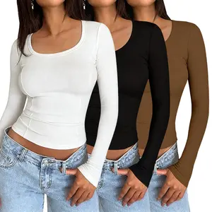 3 Pack Long Sleeve Casual Crop Tops - Women's Crewneck & Turtleneck Slim Fit, Y2K Korean Fashion Basic, Minimalist Layering Shirts for Everyday
