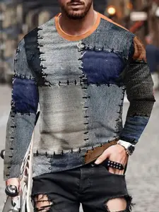 Men's Faux Denim Patchwork Print Round Neck Long Sleeve T-Shirt, Casual Fashion Outdoor Street Sport Long Sleeve, Spring & Fall