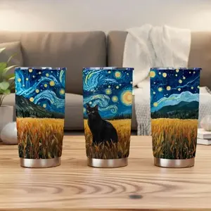 Starry Night Black Cat Tumbler, Celestial Cat Van Gogh Travel Mug, Starry Night Stainless Steel Insulated Cup, Artistic Cat Coffee Tumbler