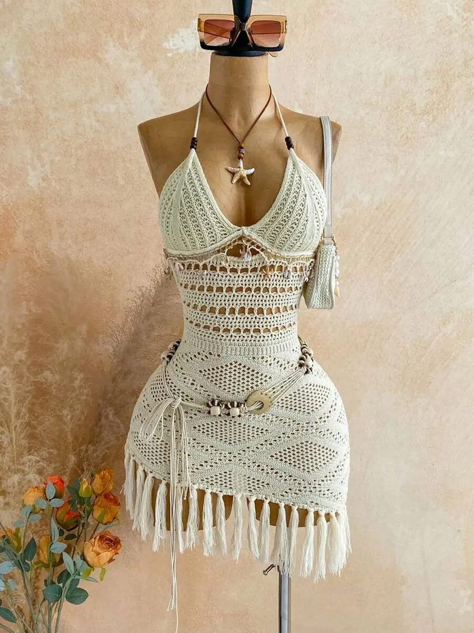 Boho Beaded Tassel Hem Knit Sweater Dress, Low Waist Oblique Hem Mini Dress for Holiday and Party