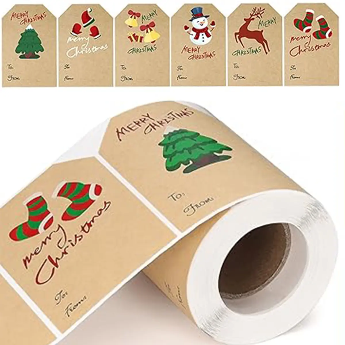Kraft Paper Christmas Gift Stickers Labels - 250 Pack, 3x2 Inches Self-Adhesive Xmas Name Tags with Christmas Elements for Holiday Use, Gift Boxes, Bags & Envelopes