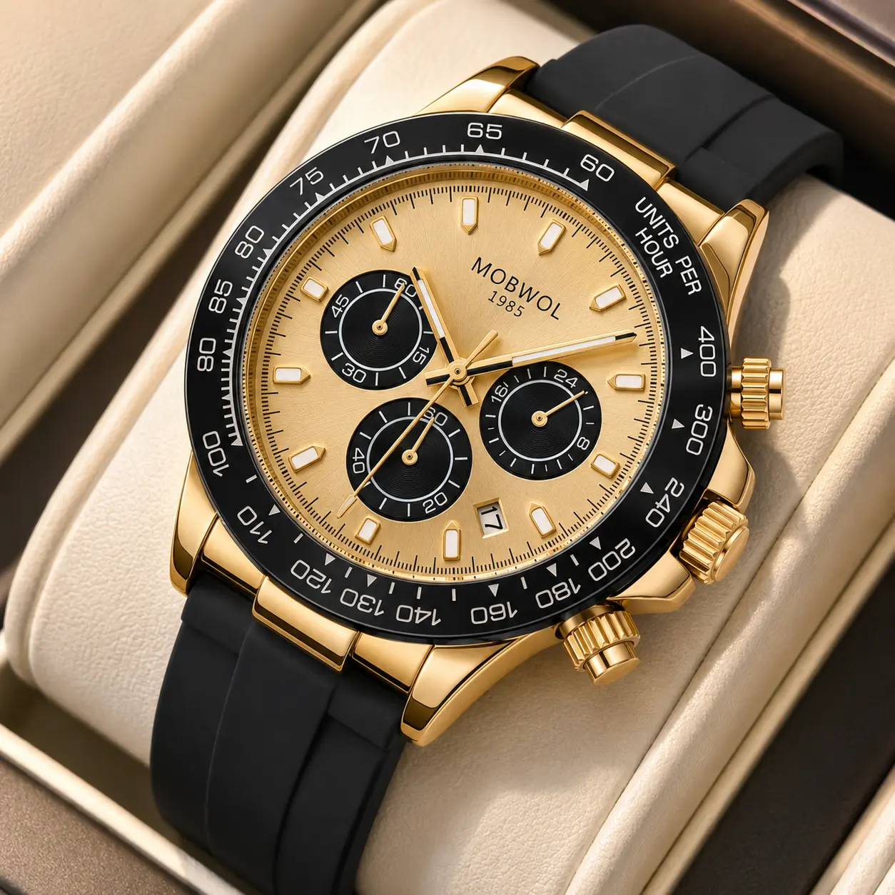 In Stock Genuine MOWBOL Men's Multi-Function Skeleton Chronograph Watch - 6 Hands, Steel Alloy, Waterproof 3ATM (100 ft), Luminous Quartz, Business Look Wristwatch