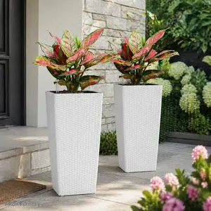 ARCH 2-Pack 22-Inch High Square Faux Rattan Planters with Automatic Watering System, White Outdoor Garden Decor for Porch, Front Porch & Easy Flower Care, Backyard Garden Pots, Porch Decor, Auto-Water, Rustic Look