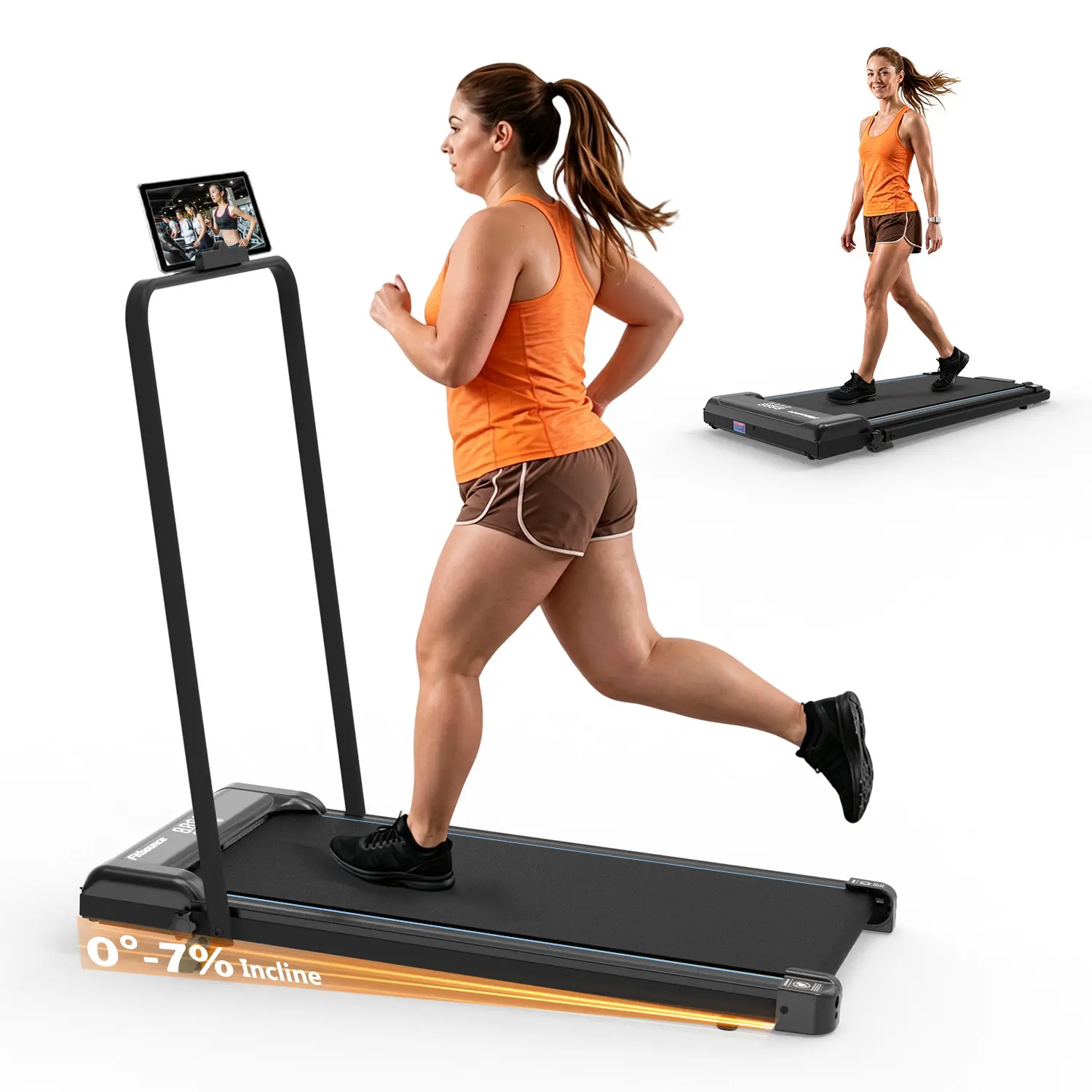0-7% Incline 2 in 1 Walking Pad Treadmill, Heavy Duty Portable Under Desk Running Machine with Handlebar & Tablet Holder, Compact Foldable Treadmill for Apartment Home Gym