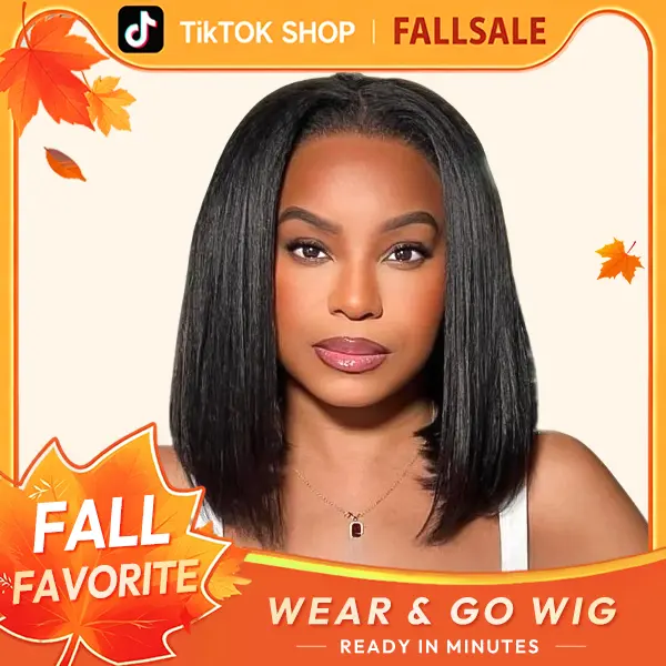 WIGFEVER Wear And Go Glueless Lace Front Bob Wig Human Hair, Yaki Straight Bob Wig, Layered Cut, 9x6 T-Part Lace, Natural Hairline