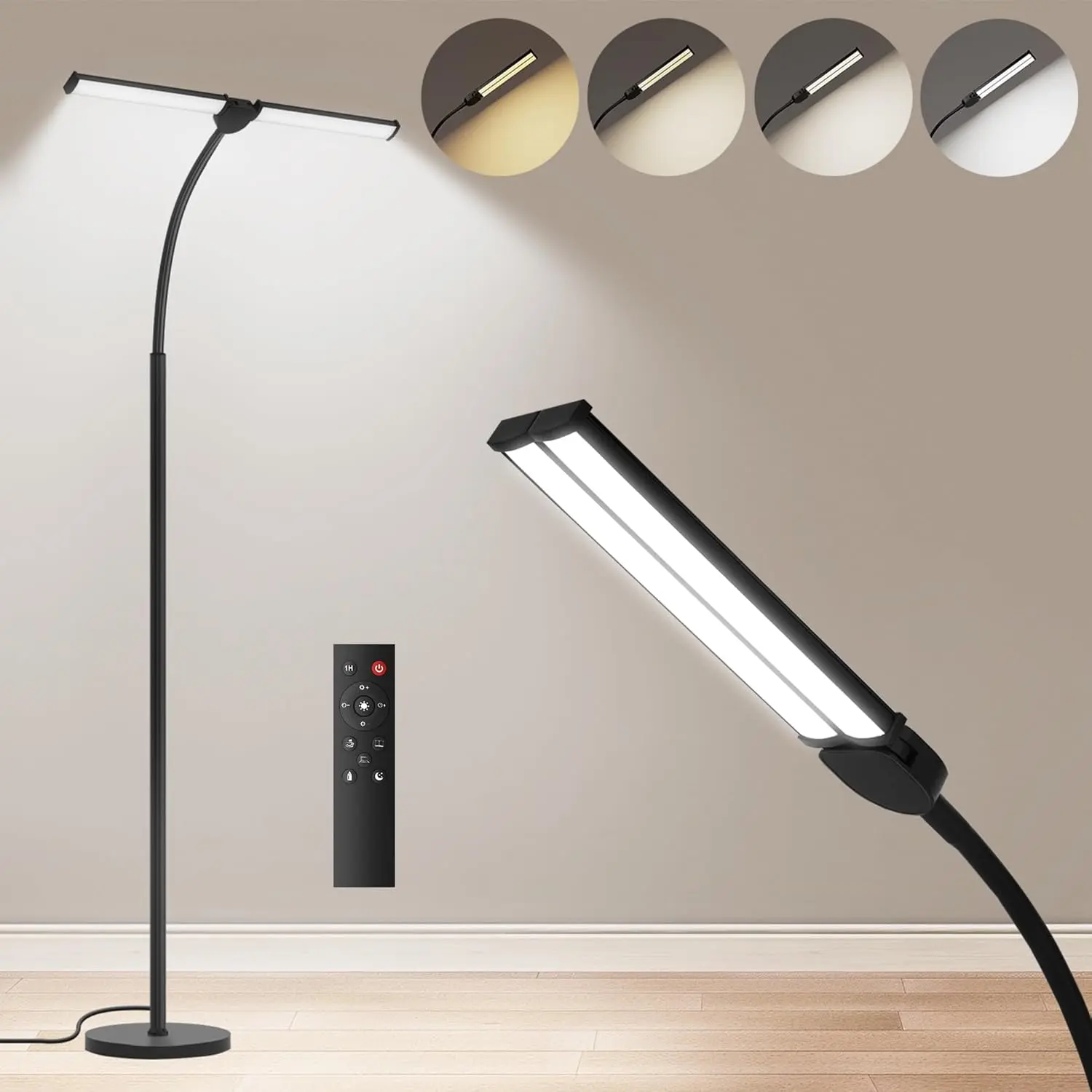 LED Floor Lamp for Living Room, Bright Reading Lamps for Office, Adjustable Colors Temperatures&Brightness, Dual Head Goose Neck Standing Lamp, Remote and Button Control, Eye-Caring Tall Lamp, White