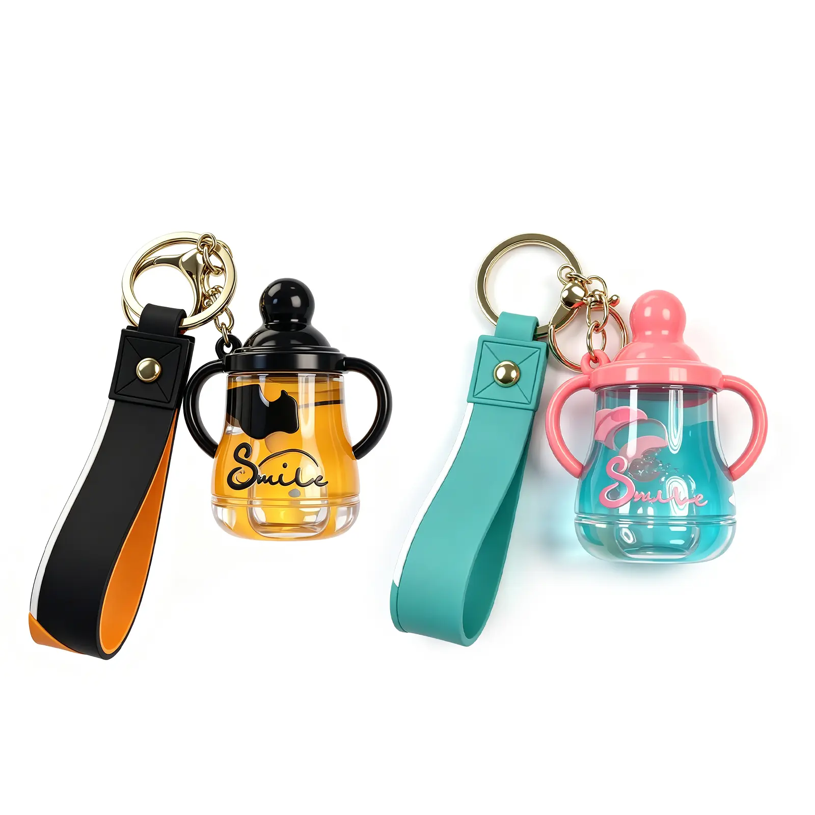 2 Pcs Mini Teapot Liquid Quicksand Keychain, Floating Animal Acrylic Bag Charm with Wrist Strap, Kawaii Backpack Pendant Key Ring Gift for Girls Women&Men