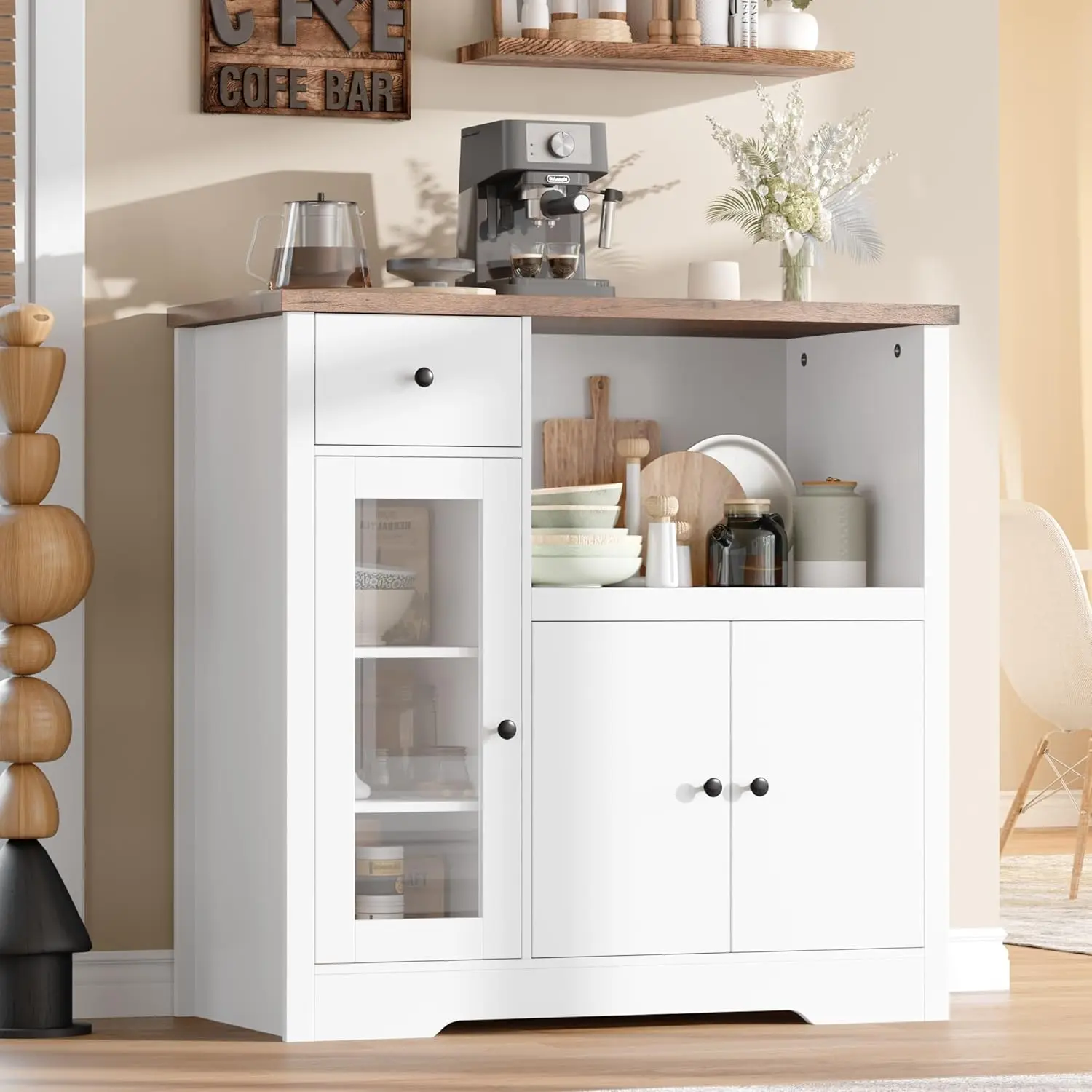 Gaomon Modern Adjustable Freestanding Microwave Cabinet - Minimalist Steel-Frame P2-MDF Buffet Sideboard with Storage, Clean Lines, Safety Lock for Kitchen, Living Room, Adjustable Storage Cabinet, Freestanding Buffet Cabinet