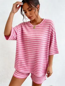 Women's Casual Loose Striped Set, Summer Short Sleeve Tee & Shorts, Airport Outfit, Home Wear, Sportswear, Fashionable Women's Clothing