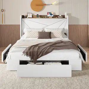 HOOMIC Velvet Fabric Upholstered Platform Bed Frame【Frame Only No Mattress】with Geometric Headboard, Built-in Shelf and 3 Storage Drawers,Black/White/Grey,Full/Queen/King,No Box Spring Needed#mothersdaygift