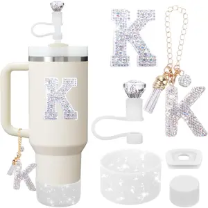 Accessories Set for Stanley Cup, Initials Decorations for Tumbler Cup 30/40OZ, Including Diamond Straw Topper/Spill Proof Stopper/Sparkly Silicone Boot Set/Letter Charms for Handle A-Z (K)