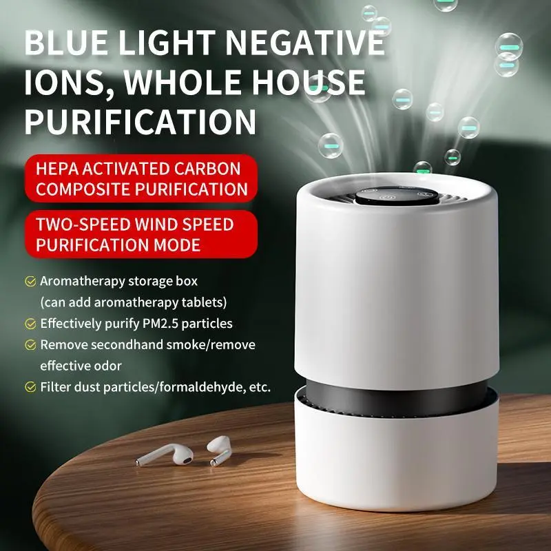 HEPA Filter Mini Air Purifier with Negative Ions, Touchscreen Control, USB Port, Adjustable Settings, Activated Carbon Odor Removal, ABS Construction, >70dB, USB-Powered for Desktop Office (Includes Charging Cable), Small Spaces