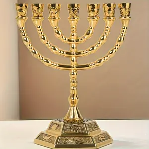 Wholesale Hanukkah Menorah Ornament Golden Plated Jewish Candle Holder Candle Stand Candlestick Christmas Critter Ornament, Religion, Christmas, Gifts, Suitable For Giving, Can Be Used As Gifts For Christmas, Thanksgiving, Hanukkah
