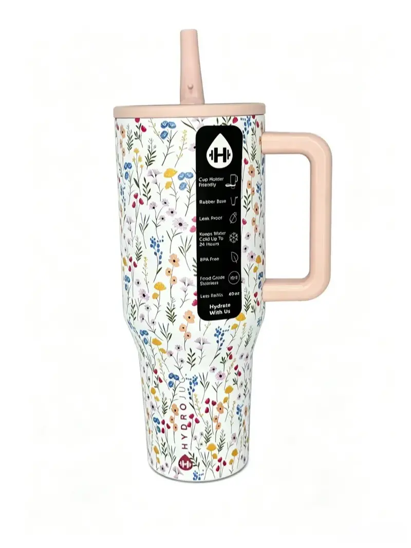 HydroJug Traveler Series Wildflower Edition 40 oz  large capacity car cup Portable Insulated Tumbler — Camping, Travel, Gym, Office; New Vacuum Design; Birthday Surprise Road Trip