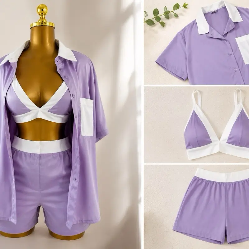 Premium 3-Piece Satin Set (Shirt, Top & Shorts) - Boutique Quality
