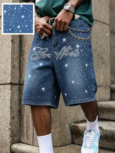American Summer New Blue Rhinestone Loose Straight Leg Wide Leg Jeans Five-Quarter Shorts for Men, Fashion Streetwear Plain Pattern Graphic