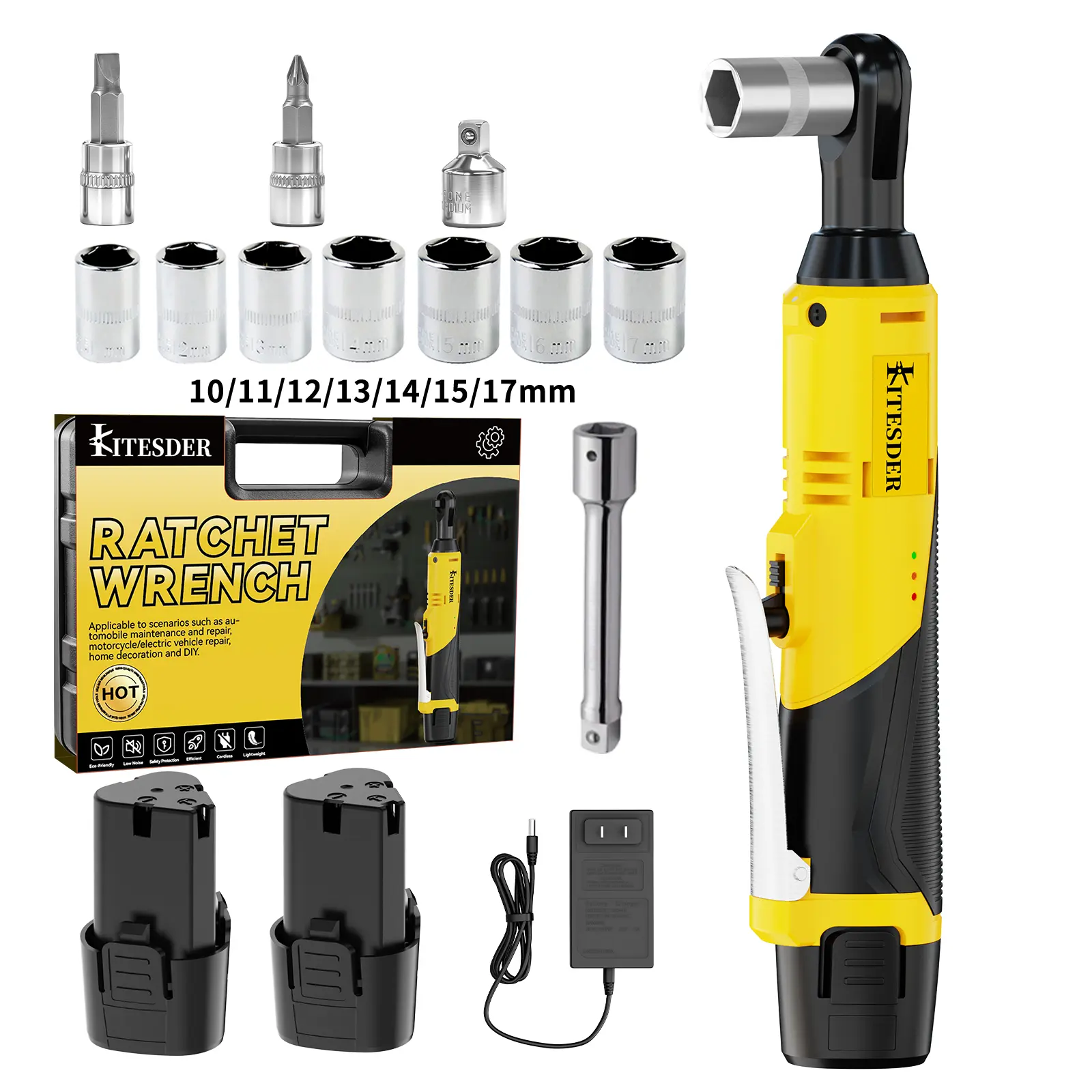KITESDER 12V Cordless Ratchet Wrench Kit, 3/8" Drive, 40 FT-LBS High Torque, 0-400 RPM Variable Speed, LED Lights, 2.0Ah Batteries, Fast Charger & Sockets for Mechanic Auto Repair, Home Improvement Tasks, 12 V