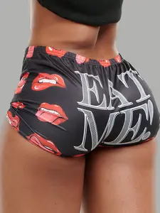 Women's All Over Letter & Lips Print Elastic Waist Shorts, Casual Comfy Breathable Graphic Print Shorts for Summer, Ladies Bottoms for Daily Wear