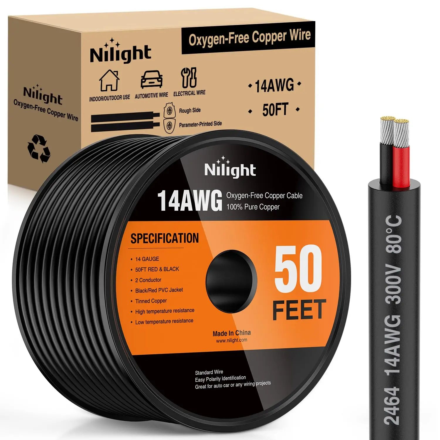 Nilight 14AWG-50FT Spooled Cuttable Oxygen-Free Copper Electrical Wire - Red Black Stranded PVC Cord, 2-Conductor Parallel 300V DC Flexible Extension Cable, High Conductivity, High Temp Resistance, Direct Burial for Auto, Home LED Strips, Car Lights