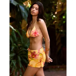 Cider Floral Halter Neckline Triangle Bikini Set With Ruched Tie Side Skirt SwimWeek