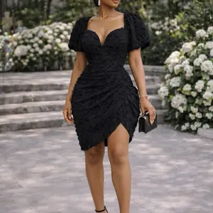 Ivory Feather-Textured Ruched Mini Dress with V-Neck Puff Sleeves for Elegant Occasions Sweetheart Neckline Soft Shoulder Drape Skirt Casual Fabric Summer Shortsleeve