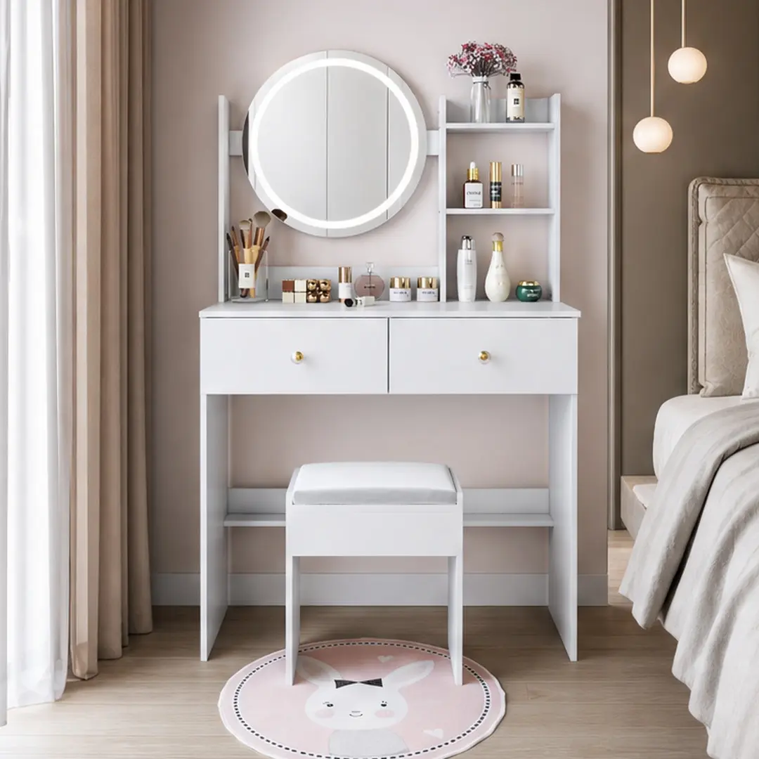 17-Inch Round Mirror LED Vanity Dressing Table Set (Sleek White MDF) - Cushioned Single Seat Stool, Touch Switch, 3-Color Adjustable Brightness, Large Desktop, Multi-Layer Storage, Vanity Organization, Morning Routine Use, Assembly Required