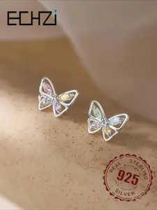925 Sterling Silver Fashion Pretty Studs Colorful Butterfly Design Stud Earrings, Sweet and Cute Jewelry Accessories for Women, Trendy All-match & Exquisite Jewelry for Birthday Gift