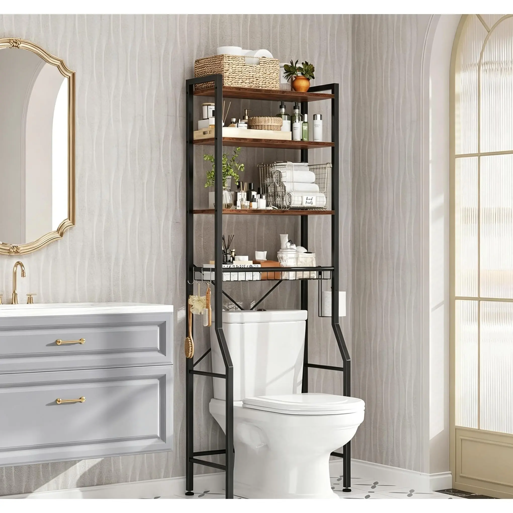 68IN Bathroom Storage Shelf, Space-Saving Over-The-Toilet Rack with 3 Adjustable Shelves, Hooks, Basket – Rustic Farmhouse Freestanding Organizer
