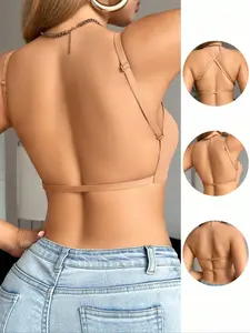 1 piece casual and simple solid color deep V-neck spaghetti strap Seamless backless women's bra without wires, comfortable and elegant, Fit, adjustable shoulder straps, strong support, and beautiful breasts