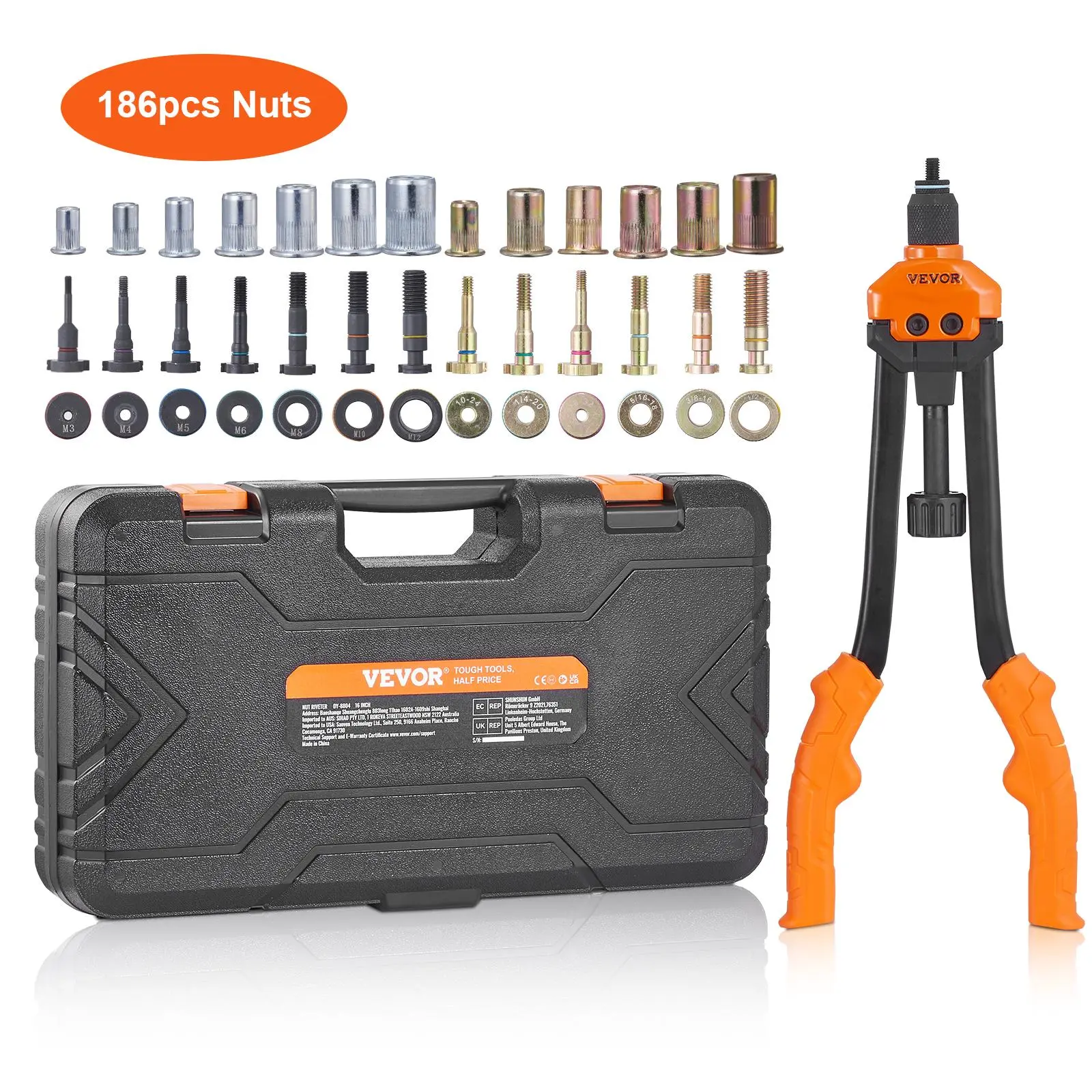 【summerfinds】VEVOR 16" Rivet Nut Tool, Labor-Saving Rivnut Tool Kit with 13PCS Metric & SAE Mandrels, 186PCS Rivet Nuts,M3, M4, M5, M6, M8, M10, M12, 1/4-20, 5/16-18, 3/8-16,1/2-13, 8-32, 10-24 With Carrying Case