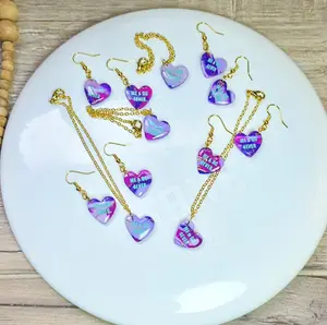 Heart Disc Golf Jewelry Set Pink Clay Earrings & Bracelet UV Resin Fashion Accessory Retro Heart Design Hypoallergenic Me & DG 4Ever Vinyl Lettering