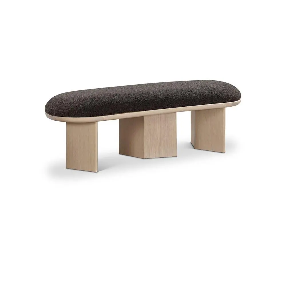 Wilshire Brown Boucle Fabric Bench, Plush Seat, Solid Wood Construction, Triple Base Indoor Stool & Bench Furniture