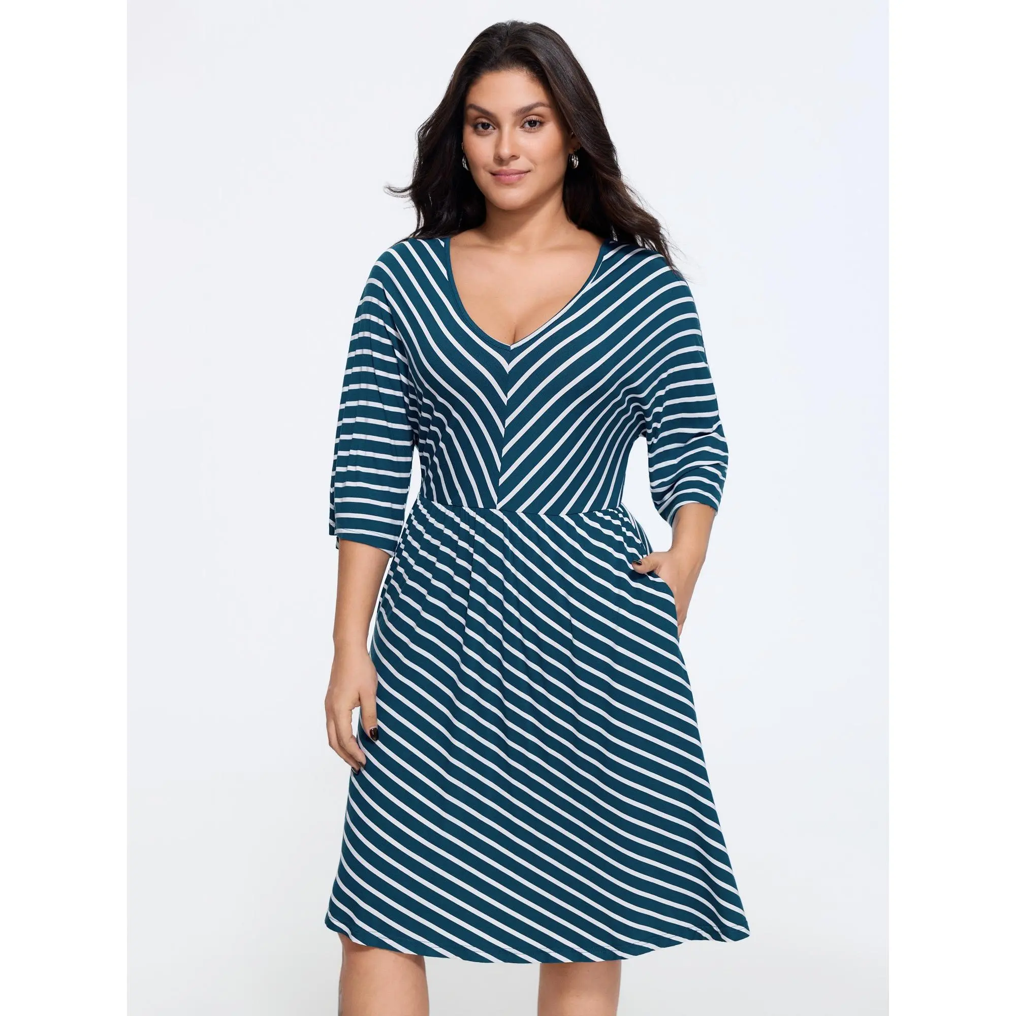 BLOOMCHIC Women's Curvy Plus Size Spandex Stretch Fabric Casual V-Neck Striped Pocketed 3-Quarter Sleeved Midi Dress, [M-6X] 2026 Summer Flattering Fit