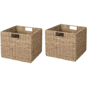 12x12x10in Seagrass Storage Baskets Set of 2, Large Wicker Storage Basket, Decorative Seagrass Shelf Basket, Pantry Baskets Organization,Folding Storage Cube Bins