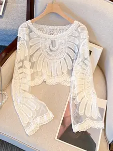 Boho Women's Beach Cover Ups, Mesh Embroidered Hollow Out Thin Sun Protection Sweater Casual Round Neck Pullover Knitwear Swimwear Cover Up