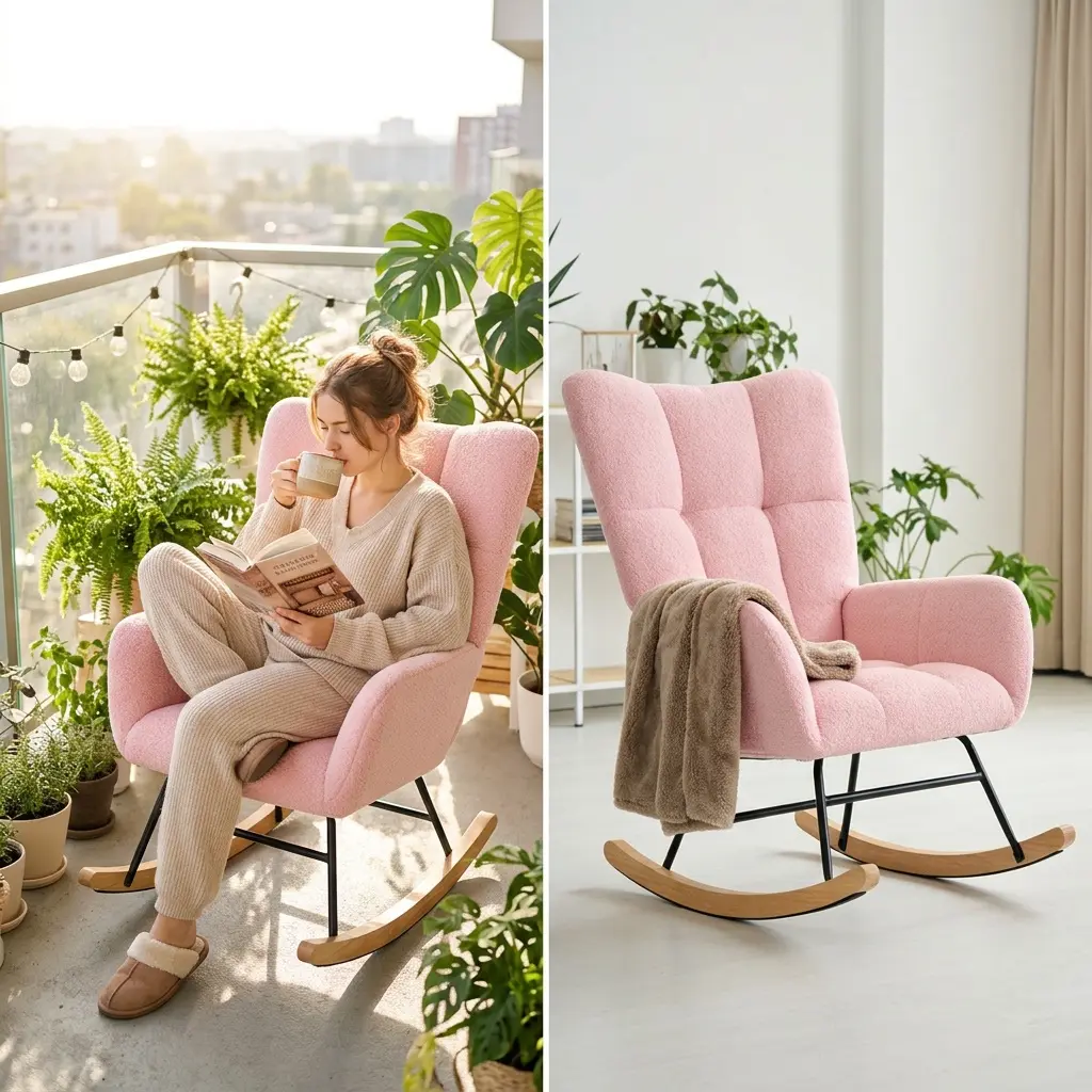 Rocking Chair with High Backrest, Teddy Upholstered Indoor Reading Glider Chair with Comfy Seat for Bedroom, Living Room, Pink