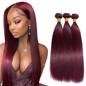 99J Straight Human Hair Bundles 100% Remy Hair Extensions Burgundy Straight Hair Bundles Sew-In Weaving Double Weft Brazilian Soft and Silky Colored Hair Bundles