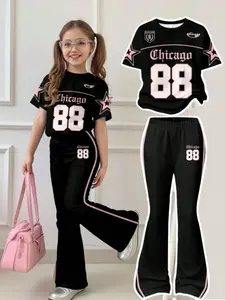 Teen Girls Casual Loose Round Neck Short Sleeve T-Shirt and Bell Bottoms Set, Casual Outfit Set, Unique 88 Jersey Pattern, and, Fall Fashion
