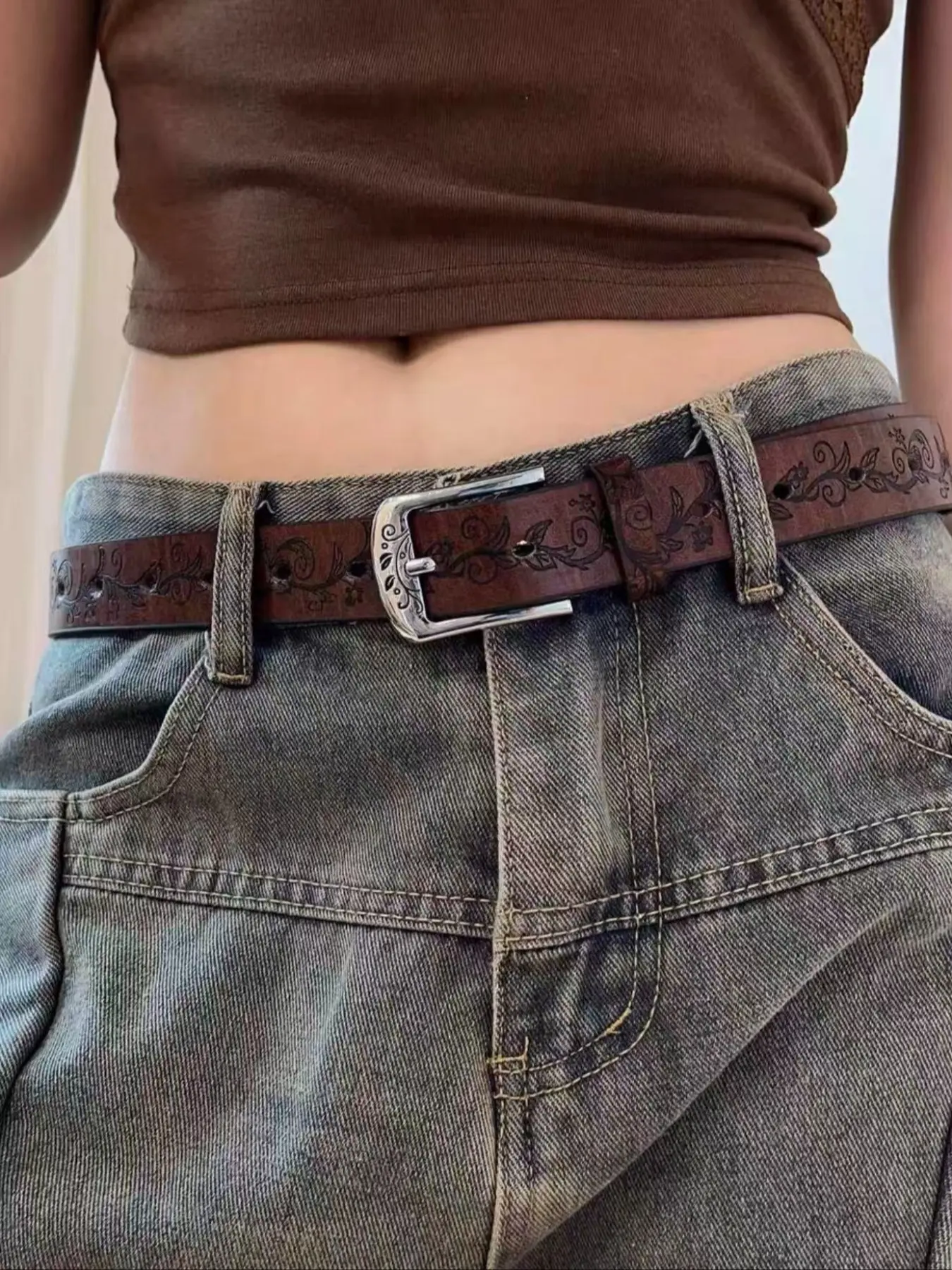 Vintage embossed leaf pattern belt, women's pin buckle belt, Western Buckle Belt, Cowboy cowgirl belt, Western Belts, trendy retro ethnic style, versatile casual belt for jeans, couple style, great gift item
